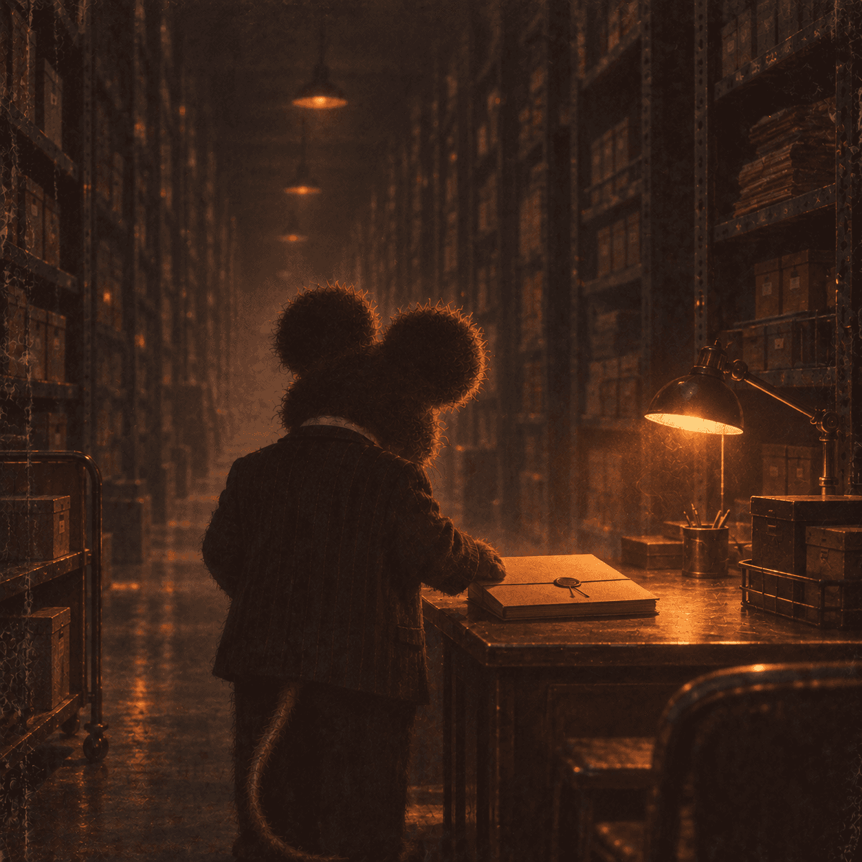 anonymous mouse guarding a sealed archive