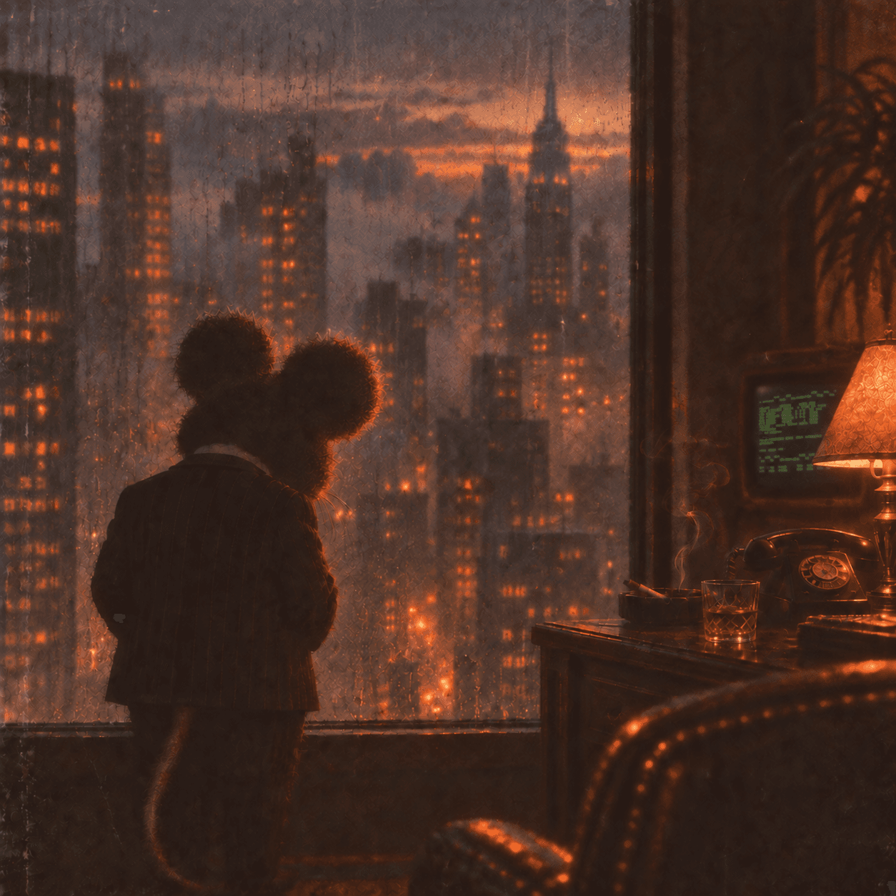 anonymous mouse looking across an orange city skyline
