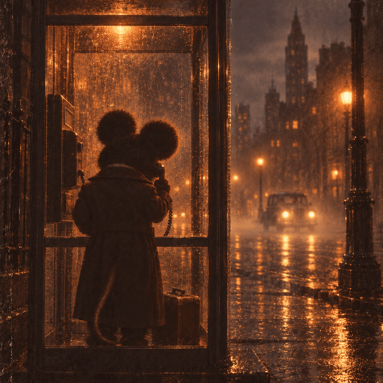 anonymous mouse making a call from a rainy phone booth