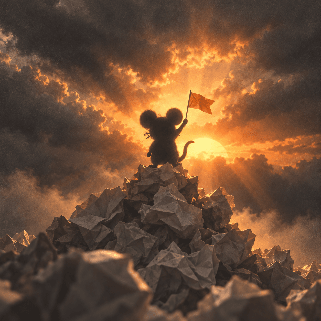 Anonymous mouse holding a flag on a tiny summit
