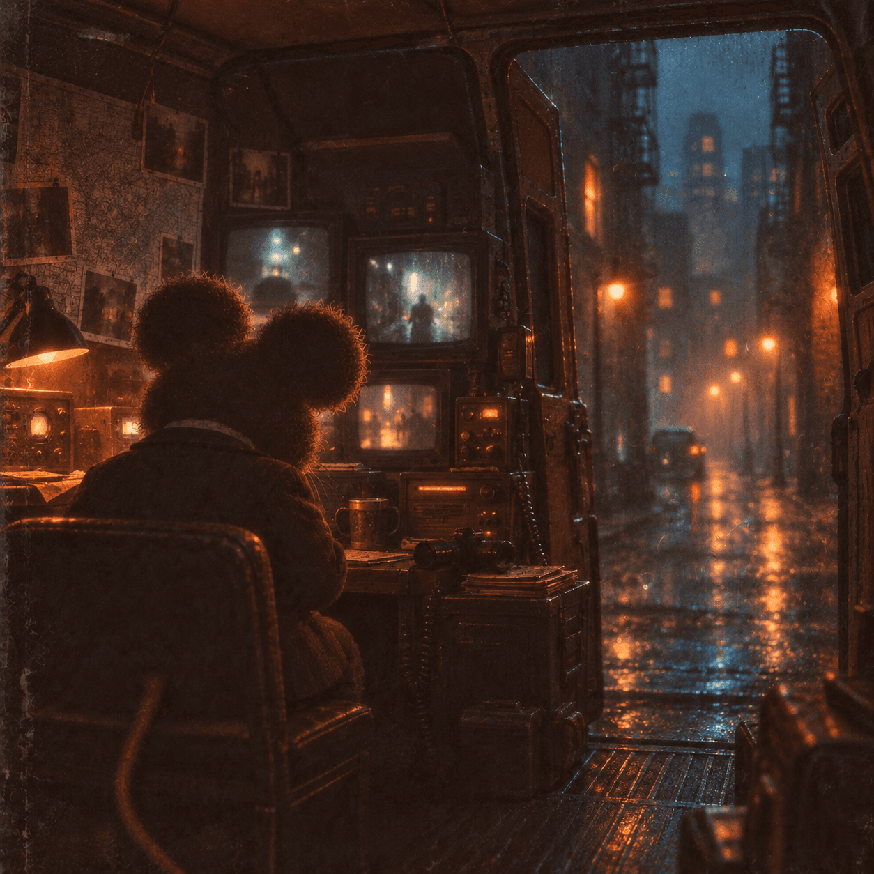 anonymous mouse watching a rainy city from a surveillance room