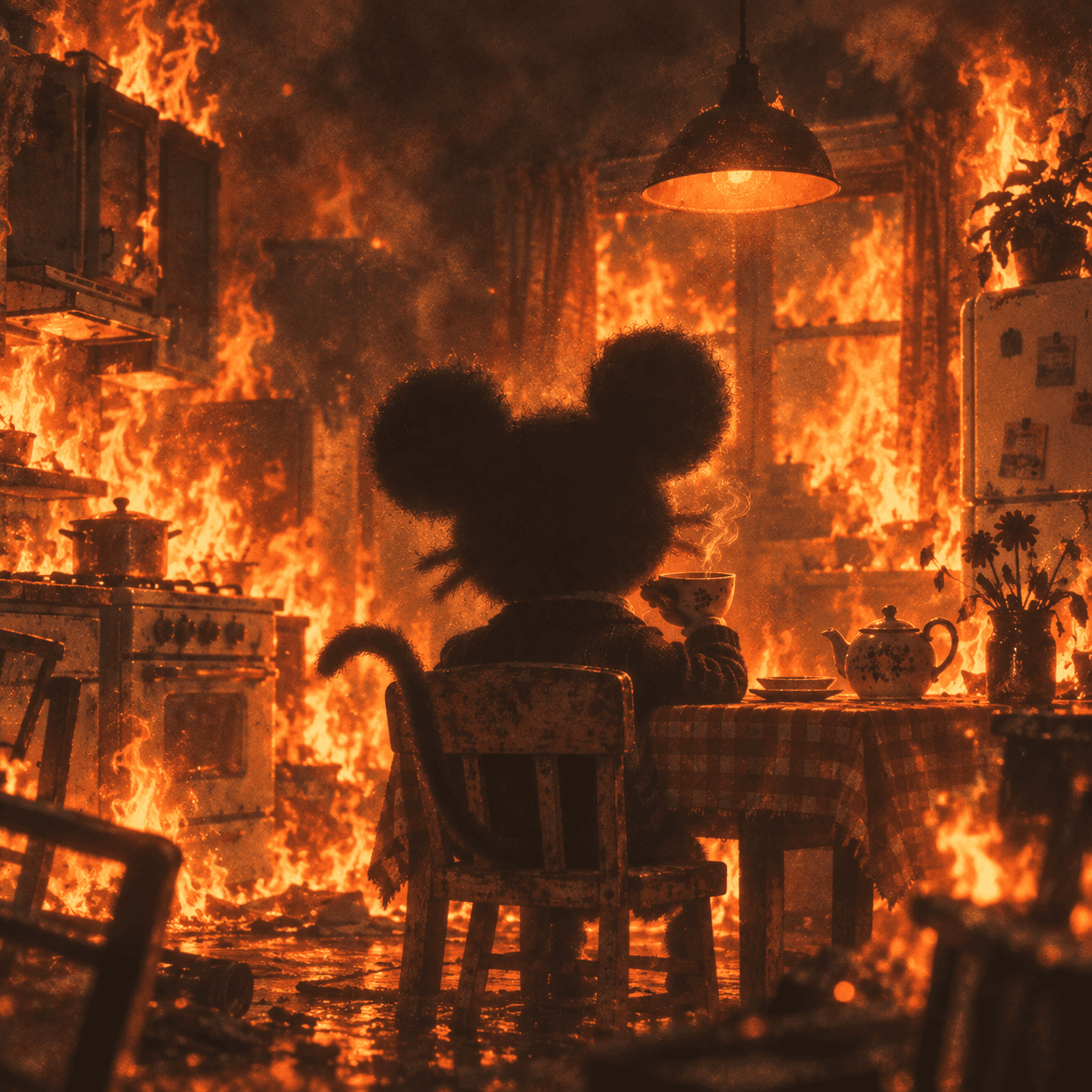 Anonymous mouse calmly drinking tea amid chaos