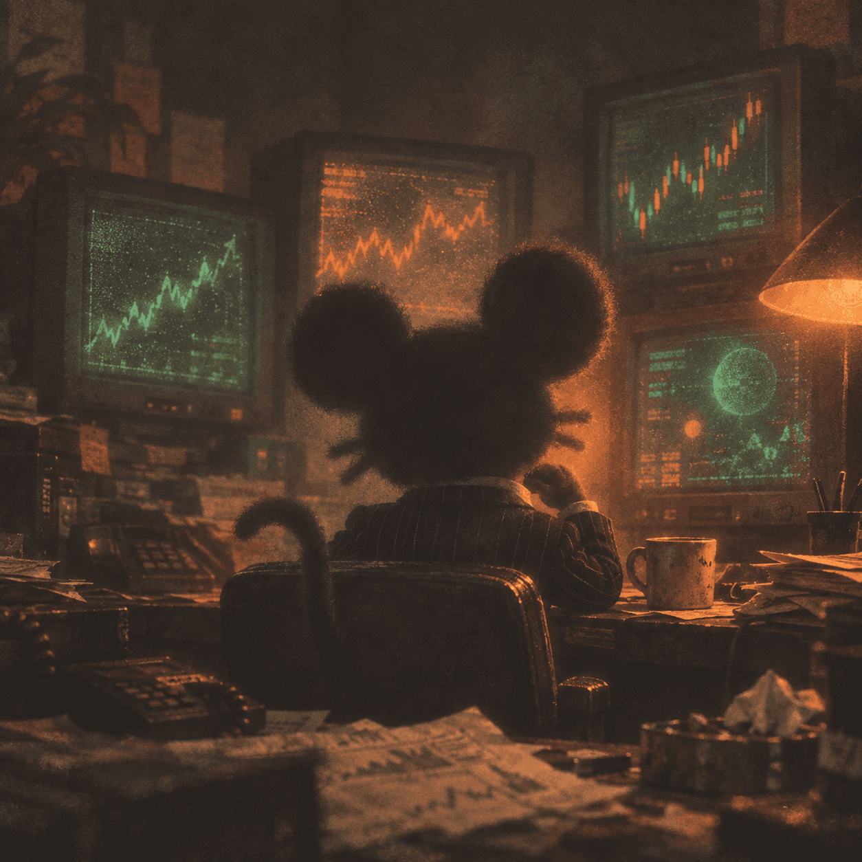 Anonymous mouse at a late-night trading desk