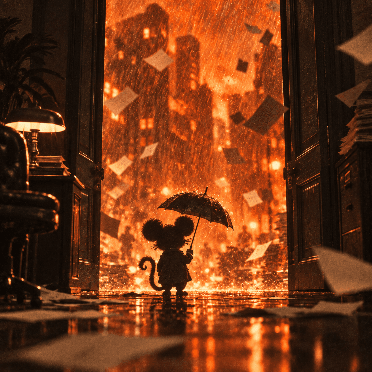 Anonymous mouse with an umbrella in a storm