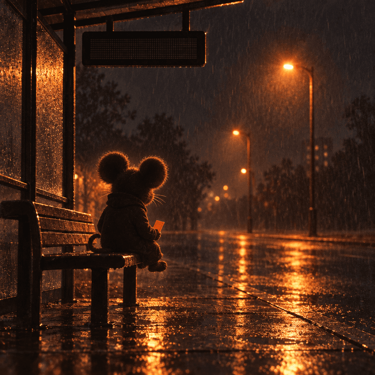 Anonymous mouse waiting alone at a rainy bus stop