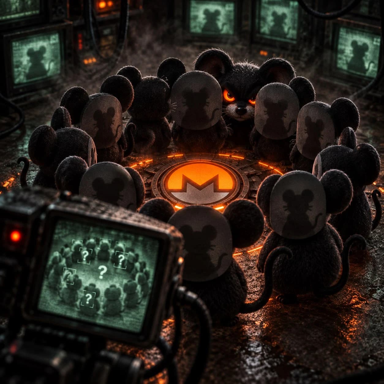Anonymous mice around a Monero emblem