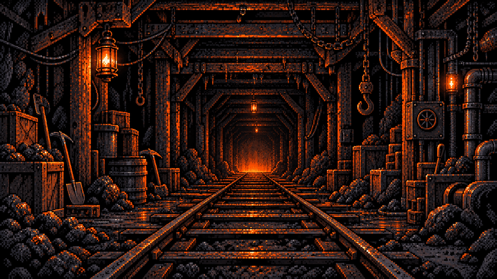Pixel-art underground mine with rails and orange lanterns
