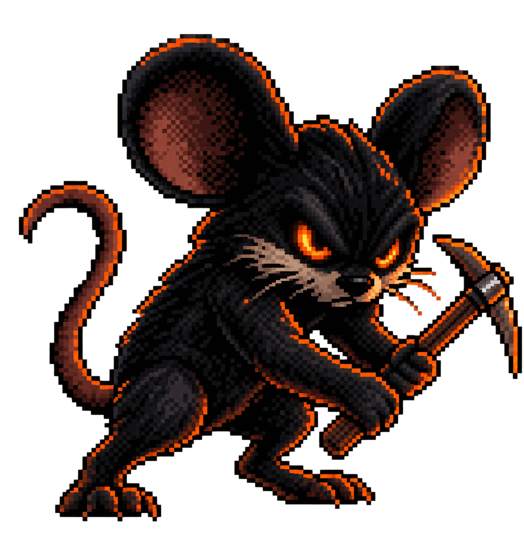 Aggressive black pixel-art Anonymouse miner with glowing orange eyes