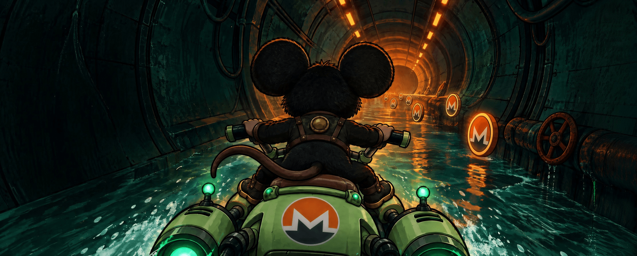 Black mouse on a green quad racing through a flooded tunnel toward glowing Monero coins